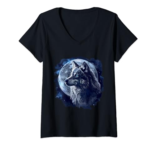 Damen Wolf T-Shirt Wolfs Motiv in bunten Farben Geschenke Wolf T-Shirt mit V-Ausschnitt Damen Wolf T-Shirt Wolfs Motiv in bunten Farben Geschenke Wolf T-Shirt mit V-Ausschnitt von Wolf Shop IBK