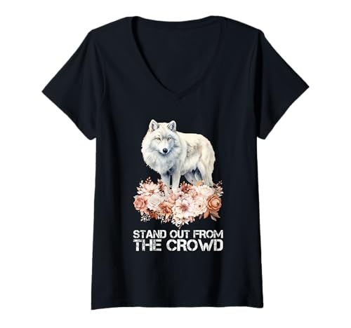 Damen Alpha Wolf STAND OUT FROM THE CROWD Lustiges Wölfe T-Shirt mit V-Ausschnitt von Wolf T-Shirt Wölfe Kostüm Wolfsrudel Wolf Spirit