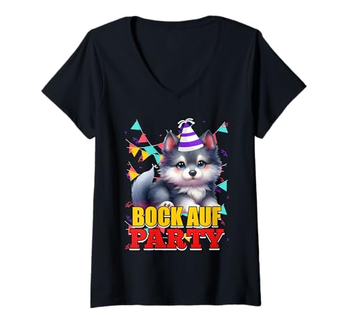 Damen Geburtstag BOCK AUF PARTY Wolf Lustiges Wölfe T-Shirt mit V-Ausschnitt von Wolf T-Shirt Wölfe Kostüm Wolfsrudel Wolf Spirit