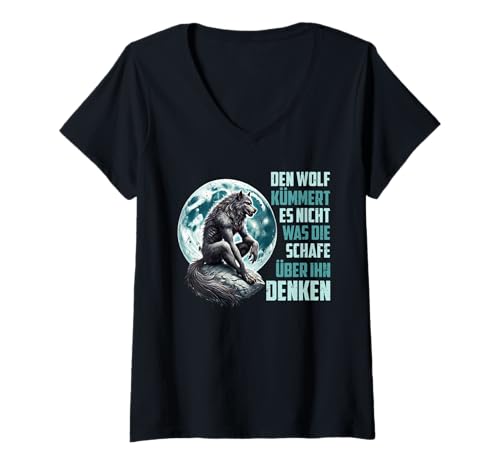 Damen Wölfe DEN WOLF KÜMMERT ES NICHT WAS SCHAFE DENKEN Wolf T-Shirt mit V-Ausschnitt von Wolf T-Shirt Wölfe Kostüm Wolfsrudel Wolf Spirit