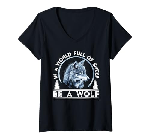 Damen Wolf Spirit BE A WOLF IN A WORLD FULL OF SHEEP Wölfe T-Shirt mit V-Ausschnitt Damen Wolf Spirit BE A WOLF IN A WORLD FULL OF SHEEP Wölfe T-Shirt mit V-Ausschnitt von Wolf T-Shirt Wölfe Kostüm Wolfsrudel Wolf Spirit