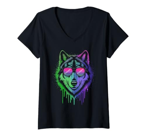 Damen Wolf Spirit COOLER WOLF Wolfsrudel Wolf Lustiges Wölfe T-Shirt mit V-Ausschnitt von Wolf T-Shirt Wölfe Kostüm Wolfsrudel Wolf Spirit