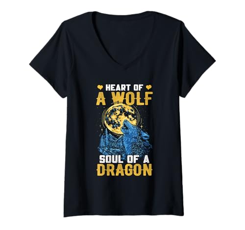 Damen Wolf Spirit HEART OF A WOLF SOUL OF A DRAGON WÖLFE T-Shirt mit V-Ausschnitt Damen Wolf Spirit HEART OF A WOLF SOUL OF A DRAGON WÖLFE T-Shirt mit V-Ausschnitt von Wolf T-Shirt Wölfe Kostüm Wolfsrudel Wolf Spirit