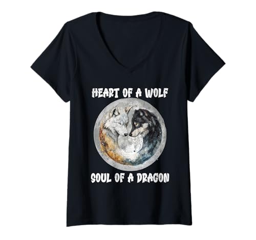 Damen Wolf Spirit HEART OF A WOLF SOUL OF A DRAGON Wölfe T-Shirt mit V-Ausschnitt Damen Wolf Spirit HEART OF A WOLF SOUL OF A DRAGON Wölfe T-Shirt mit V-Ausschnitt von Wolf T-Shirt Wölfe Kostüm Wolfsrudel Wolf Spirit
