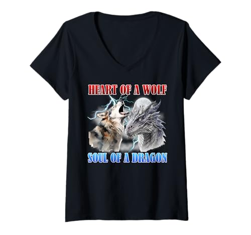 Damen Wolf Spirit HEART OF A WOLF SOUL OF A DRAGON Wölfe T-Shirt mit V-Ausschnitt Damen Wolf Spirit HEART OF A WOLF SOUL OF A DRAGON Wölfe T-Shirt mit V-Ausschnitt von Wolf T-Shirt Wölfe Kostüm Wolfsrudel Wolf Spirit