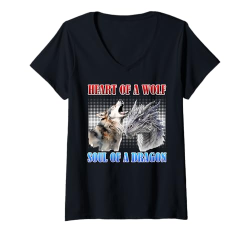Damen Wolf Spirit HEART OF A WOLF SOUL OF A DRAGON Wölfe T-Shirt mit V-Ausschnitt von Wolf T-Shirt Wölfe Kostüm Wolfsrudel Wolf Spirit