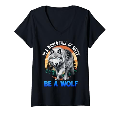 Damen Wolf Spirit IN A WORLD FULL OF SHEEP BE A WOLF Wölfe T-Shirt mit V-Ausschnitt von Wolf T-Shirt Wölfe Kostüm Wolfsrudel Wolf Spirit