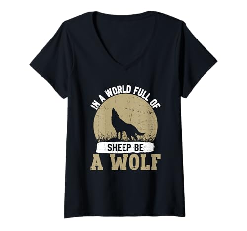 Damen Wolf Spirit IN A WORLD FULL OF SHEEP BE A WOLF Wölfe T-Shirt mit V-Ausschnitt Damen Wolf Spirit IN A WORLD FULL OF SHEEP BE A WOLF Wölfe T-Shirt mit V-Ausschnitt von Wolf T-Shirt Wölfe Kostüm Wolfsrudel Wolf Spirit