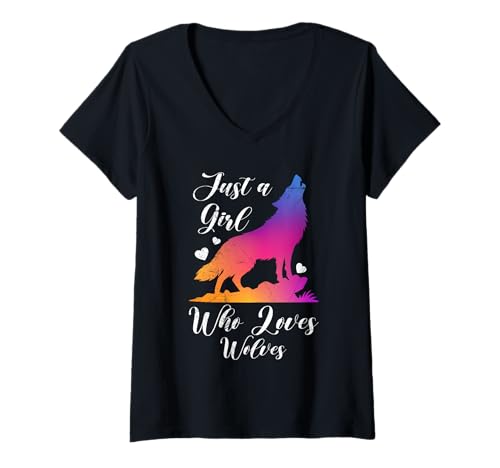 Damen Wolf Spirit JUST A GIRL WHO LOVES WOLVES Lustig Wölfe T-Shirt mit V-Ausschnitt Damen Wolf Spirit JUST A GIRL WHO LOVES WOLVES Lustig Wölfe T-Shirt mit V-Ausschnitt von Wolf T-Shirt Wölfe Kostüm Wolfsrudel Wolf Spirit