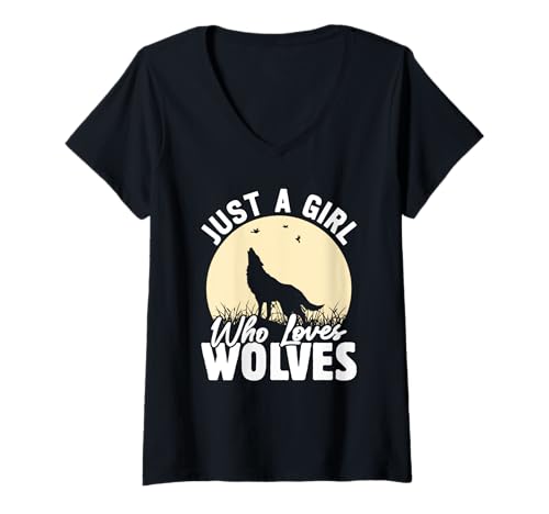 Damen Wolf Spirit JUST A GIRL WHO LOVES WOLVES Lustig Wölfe T-Shirt mit V-Ausschnitt Damen Wolf Spirit JUST A GIRL WHO LOVES WOLVES Lustig Wölfe T-Shirt mit V-Ausschnitt von Wolf T-Shirt Wölfe Kostüm Wolfsrudel Wolf Spirit