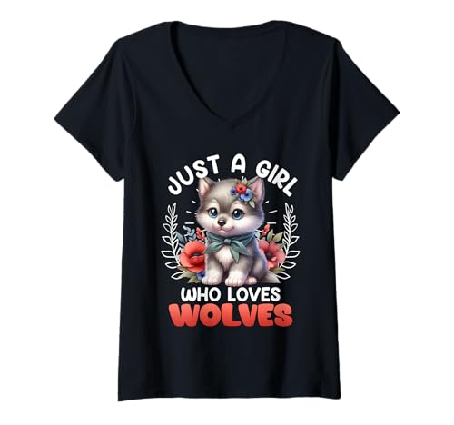 Damen Wolf Spirit JUST A GIRL WHO LOVES WOLVES Lustig Wolf T-Shirt mit V-Ausschnitt Damen Wolf Spirit JUST A GIRL WHO LOVES WOLVES Lustig Wolf T-Shirt mit V-Ausschnitt von Wolf T-Shirt Wölfe Kostüm Wolfsrudel Wolf Spirit