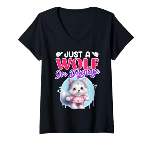 Damen Wolf Spirit JUST A WOLF IN DISGUISE Lustiges Wölfe T-Shirt mit V-Ausschnitt Damen Wolf Spirit JUST A WOLF IN DISGUISE Lustiges Wölfe T-Shirt mit V-Ausschnitt von Wolf T-Shirt Wölfe Kostüm Wolfsrudel Wolf Spirit
