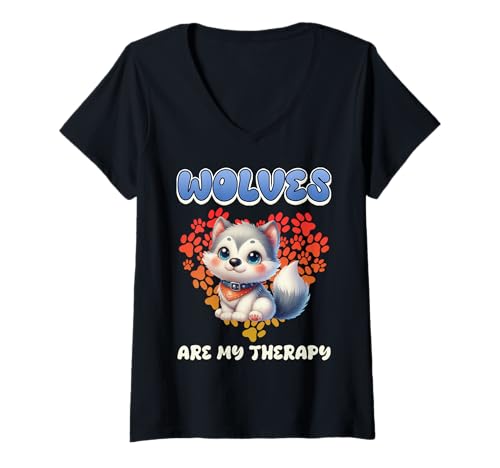 Damen Wolf Spirit WOLVES ARE MY THERAPY Lustiges Wölfe T-Shirt mit V-Ausschnitt Damen Wolf Spirit WOLVES ARE MY THERAPY Lustiges Wölfe T-Shirt mit V-Ausschnitt von Wolf T-Shirt Wölfe Kostüm Wolfsrudel Wolf Spirit