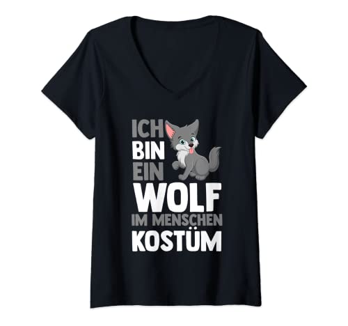 Damen Ich bin ein Wolf im menschlichen Kostüm T-Shirt mit V-Ausschnitt Damen Ich bin ein Wolf im menschlichen Kostüm T-Shirt mit V-Ausschnitt von Wolf Wölfe Wildtier Waldtier Geschenk