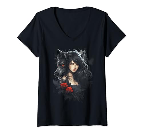 Frauen Wolf Anime Frau Manga T-Shirt mit V-Ausschnitt Frauen Wolf Anime Frau Manga T-Shirt mit V-Ausschnitt von Wolf Wölfe Wolfs-Illustration