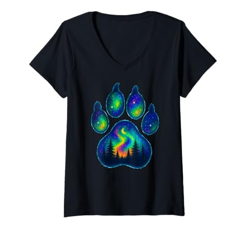 Damen Wolf Paw Pine Tree Aurora Nordlichter Jungen Mädchen Kinder T-Shirt mit V-Ausschnitt von WolfAxis1