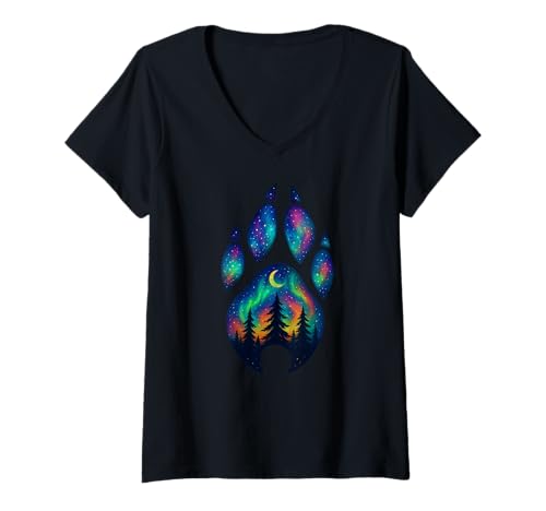 Damen Wolf Paw Pine Tree Aurora Nordlichter Jungen Mädchen Kinder T-Shirt mit V-Ausschnitt von WolfAxis1