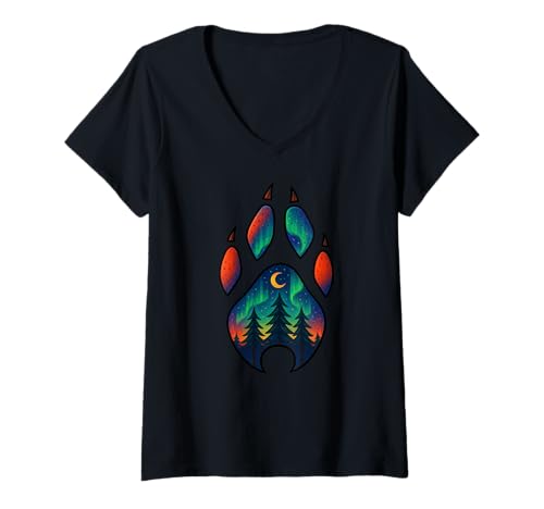 Damen Wolf Paw Pine Tree Aurora Nordlichter Jungen Mädchen Kinder T-Shirt mit V-Ausschnitt von WolfAxis1