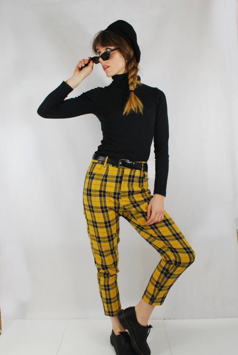 Hoch Taillierte Gefüttert Tartan Plaid Nova Check Chino Capri Hose/- Senf & Navy Hoch Taillierte Gefüttert Tartan Plaid Nova Check Chino Capri Hose/- Senf & Navy von WolfVintageClothing