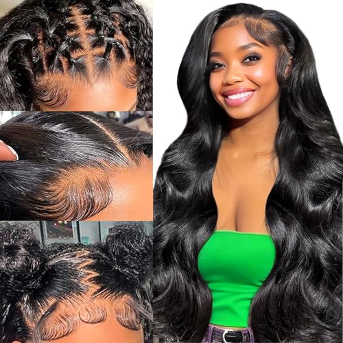 Wolfay Body Wave Echthaar-Perücke, 33 x 15 cm, gewellt, 33 x 15 cm, Frontal, HD, transparent, klebstofffrei, vorgezupfter Haaransatz, Babyhaar, natürliches Schwarz, Perücke für Damen, 180 % Dichte, 1B von Wolfay