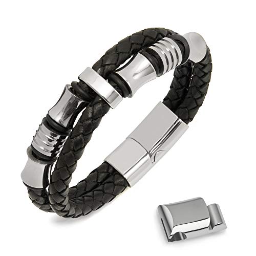 Wolflock Lederarmband für Männer schwarz Magnetverschluss Edelstahl Armband Herren Tolles Geschenk für Männer DOUBLEBEAD 18cm von Wolflock