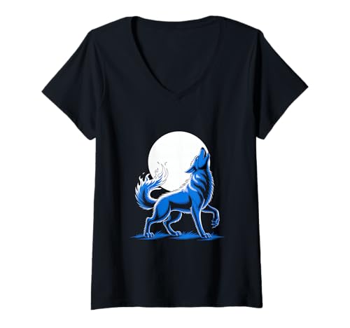 Damen Blauer Wolf Heult Zum Vollmond Kunst T-Shirt mit V-Ausschnitt Damen Blauer Wolf Heult Zum Vollmond Kunst T-Shirt mit V-Ausschnitt von Wolfsheulen Vollmond Nachtmotiv