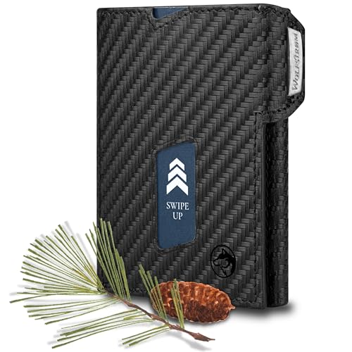 Wolfstrøm Slim Wallet mit Münzfach 'Ludvig' I 7+1 Karten Mini Geldbörse Herren klein, RFID Blocker I Damen Herren Portemonnaie klein I Credit Card Holder Geldbeutel Herren klein – Carbon von Wolfstrøm