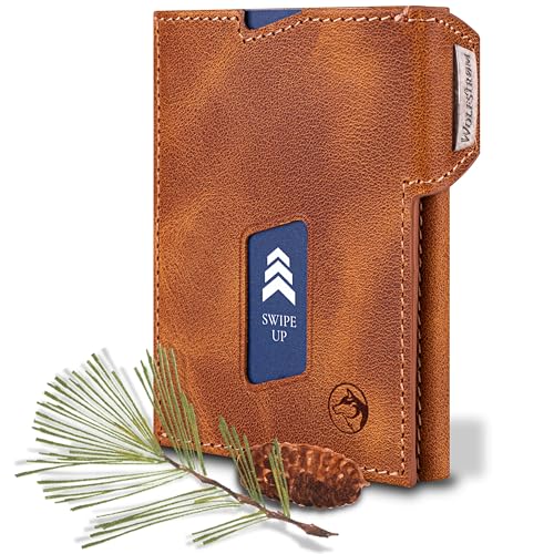 Wolfstrøm Slim Wallet mit Münzfach 'Ludvig' I 7+1 Karten Mini Geldbörse I RFID Blocker I Damen Herren Portemonnaie Klein I Credit Card Holder Geldbeutel – Cognac von Wolfstrøm