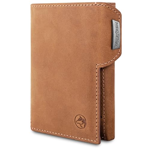 Wolfstrøm Slim Wallet 'Svente' I 11 Karten Mini Geldbörse klein mit Münzfach, RFID Blocker I Damen und Herren Portemonnaie I Credit Card Holder Geldbeutel – Vintage Whiskey von Wolfstrøm
