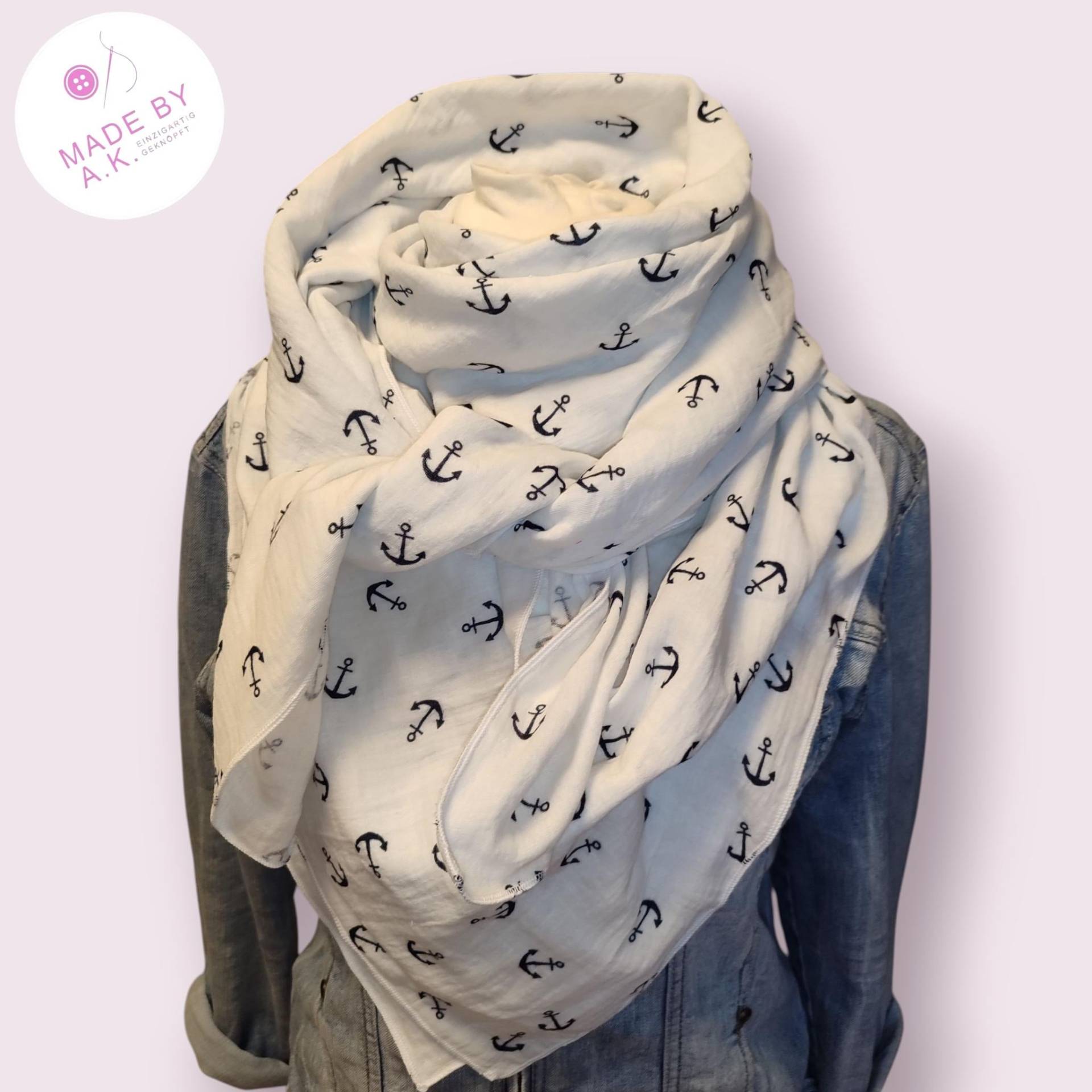 Damentuch 130 X 130cm Anker Musselintuch Xxl Halstuch Musselin Maritim Weiß Ostsee Nordsee Geschenk von WolkenlosbyAK