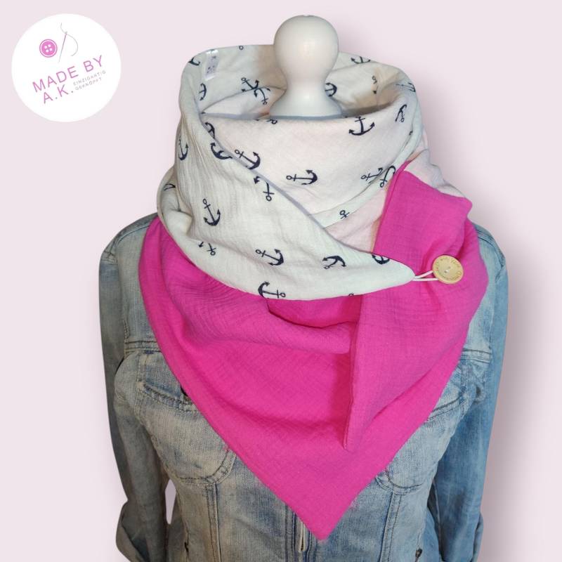 Damentuch Halstuch/Schal Mit Knopf 3Farbig Zum Wenden Maritim Dreieckstuch Geschenk Musselintuch Wickelhalstuch Pink Rosa Weiß Anker von WolkenlosbyAK
