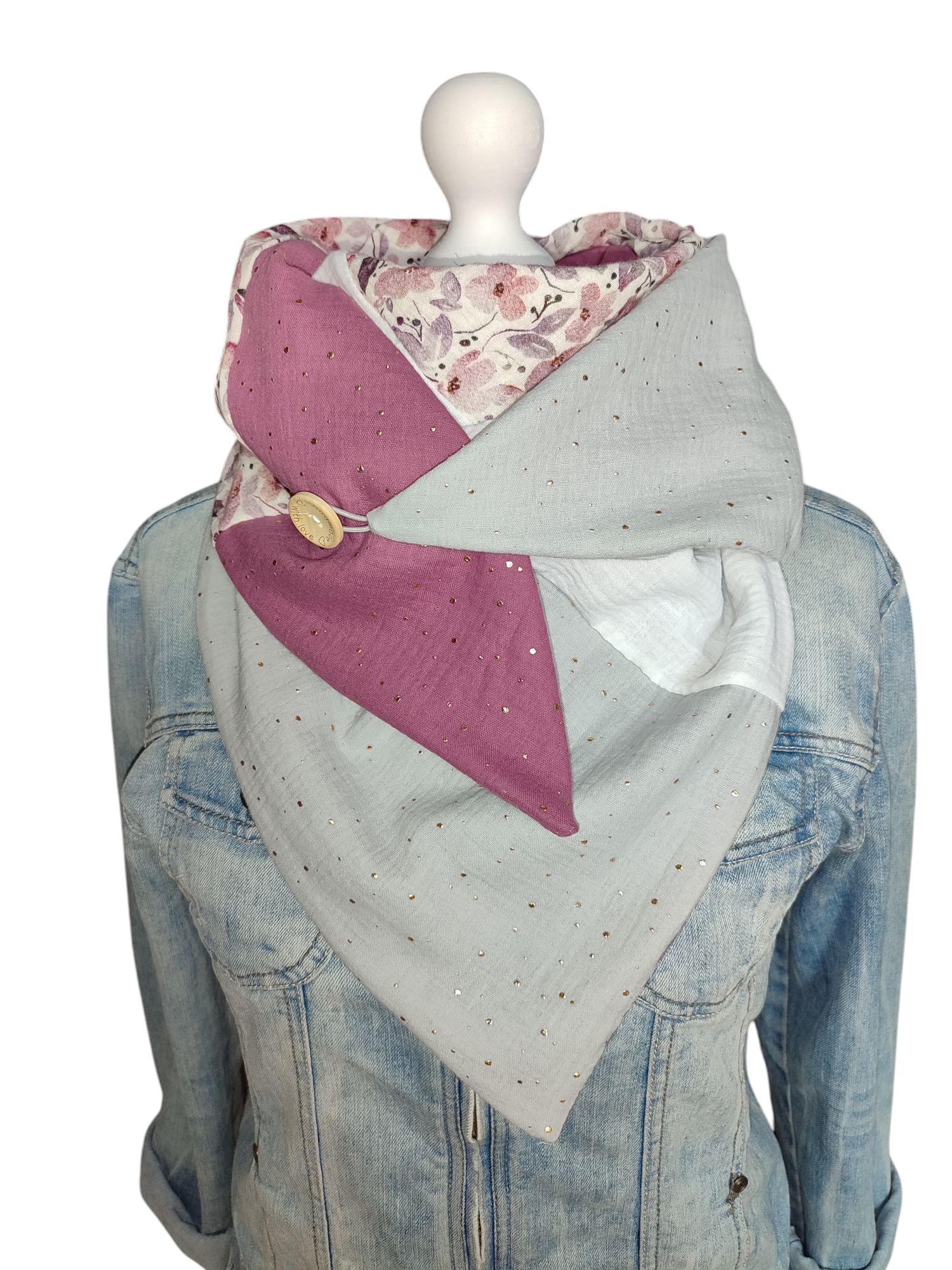 Damentuch Halstuch/Schal Mit Knopf 4Farbig Wendetuch Unikat Dreieckstuch Geschenk Musselintuch Blumen Wickelhalstuch Gold Weiß von WolkenlosbyAK