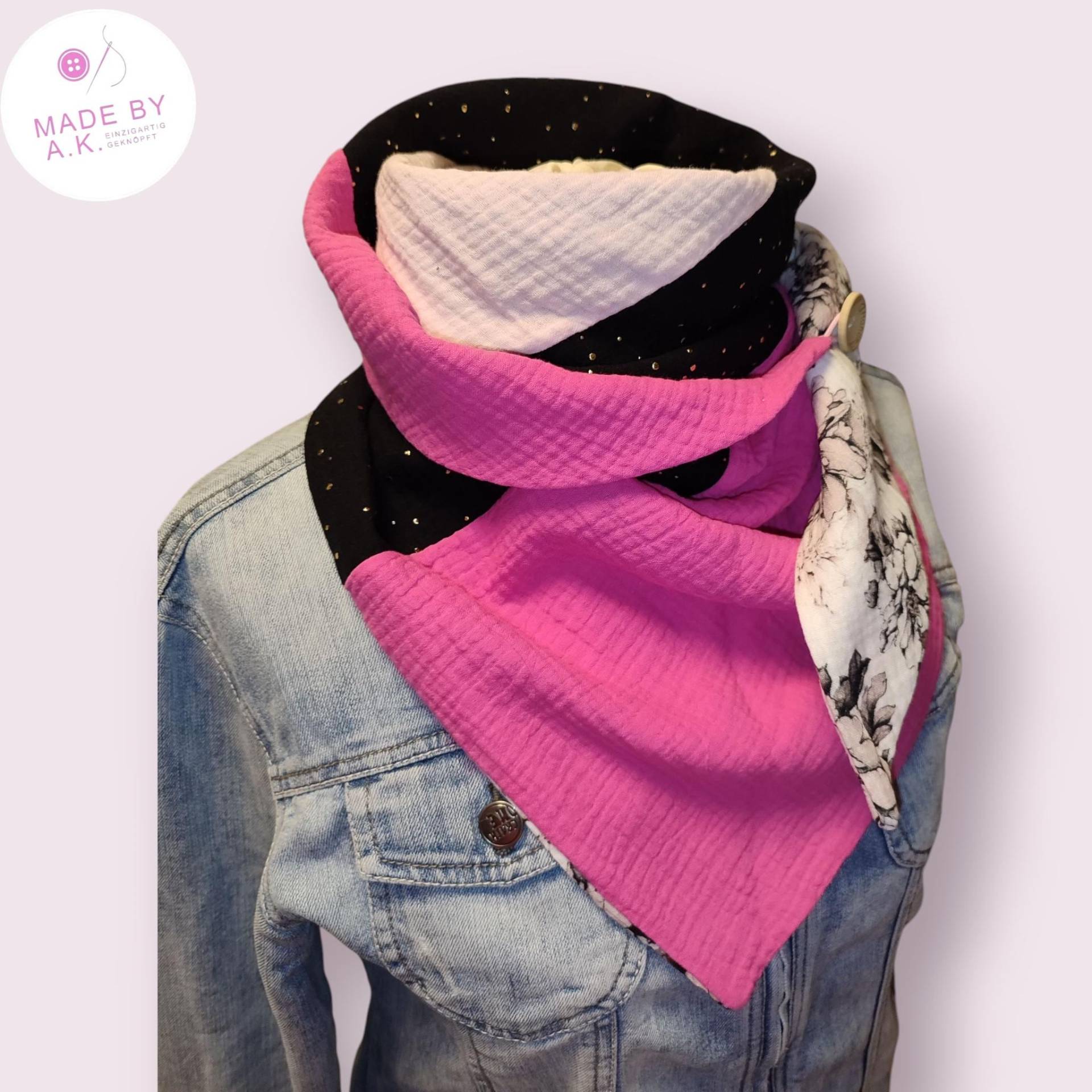 Dreieckstuch Musselin Halstuch/Schal Mit Knopf 4 Farbig Zum Wenden Musselintuch Glitzer Musselinhalstuch Pfingstrosen Wickelhalstuch von WolkenlosbyAK