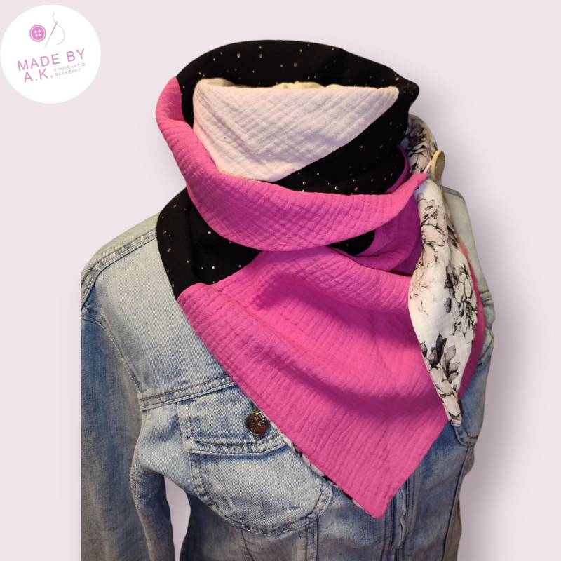 Dreieckstuch Musselin Halstuch/Schal Mit Knopf 4 Farbig Zum Wenden Musselintuch Glitzer Musselinhalstuch Pfingstrosen Wickelhalstuch von WolkenlosbyAK