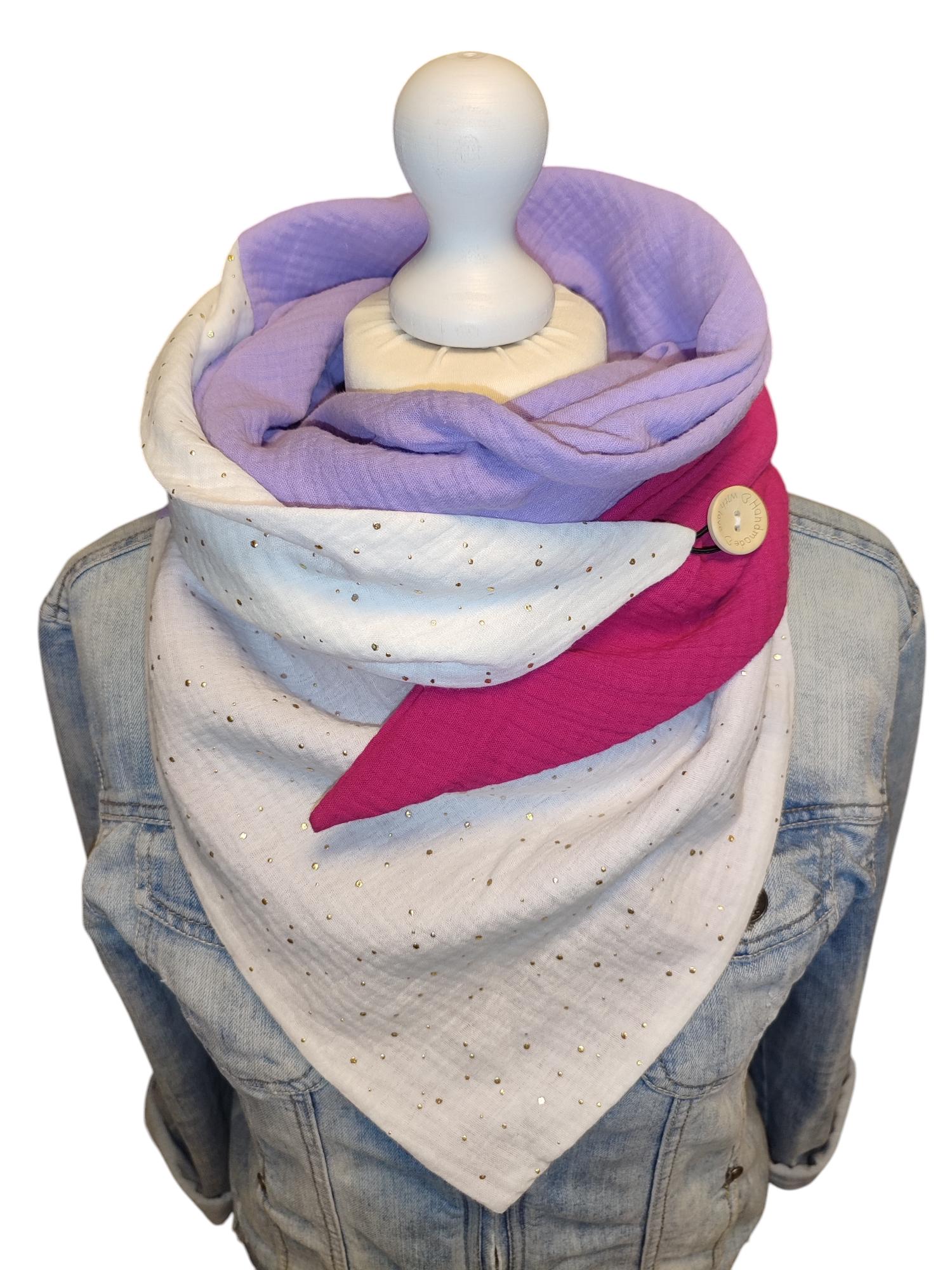 Musselin Halstuch/Schal Mit Knopf 3Farbig Zum Wenden Unikat Dreieckstuch Geschenk Musselintuch Pink Lila Weiß Wickelhalstuch Gold von WolkenlosbyAK
