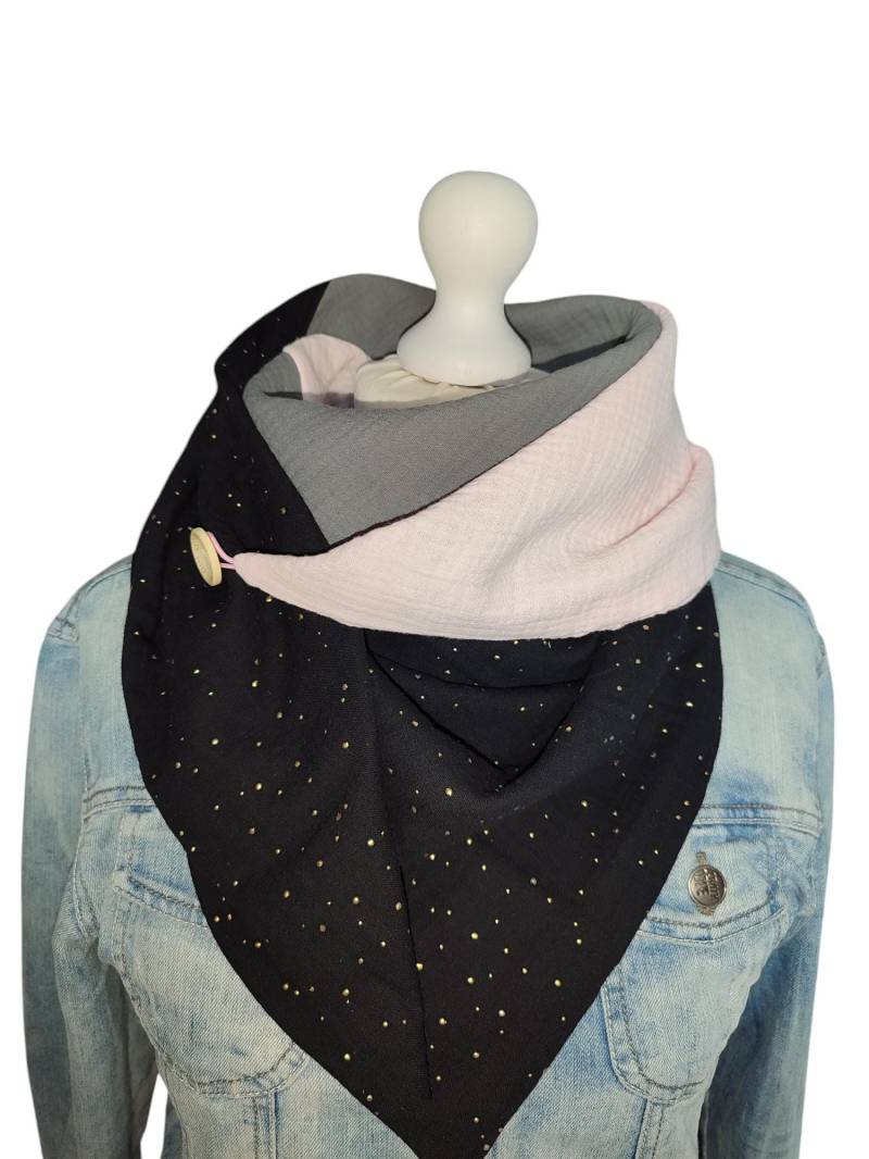 Musselin Halstuch/Schal Mit Knopf 3Farbig Zum Wenden Unikat Dreieckstuch Geschenk Musselintuch Rosa Wickelhalstuch Gold Goldtupfen von WolkenlosbyAK
