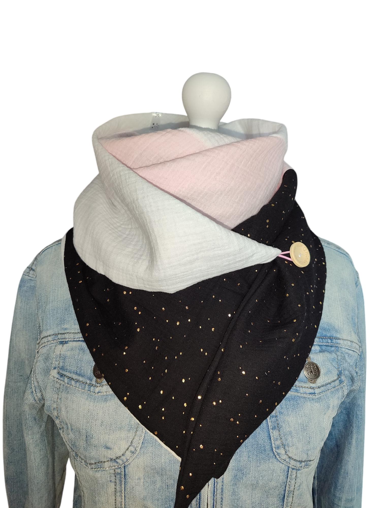 Musselin Halstuch/Schal Mit Knopf 3Farbig Zum Wenden Unikat Dreieckstuch Geschenk Musselintuch Rosa Wickelhalstuch Gold Goldtupfen von WolkenlosbyAK