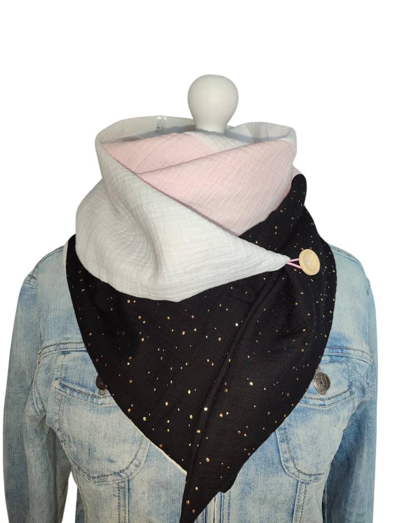 Musselin Halstuch/Schal Mit Knopf 3Farbig Zum Wenden Unikat Dreieckstuch Geschenk Musselintuch Rosa Wickelhalstuch Gold Goldtupfen von WolkenlosbyAK