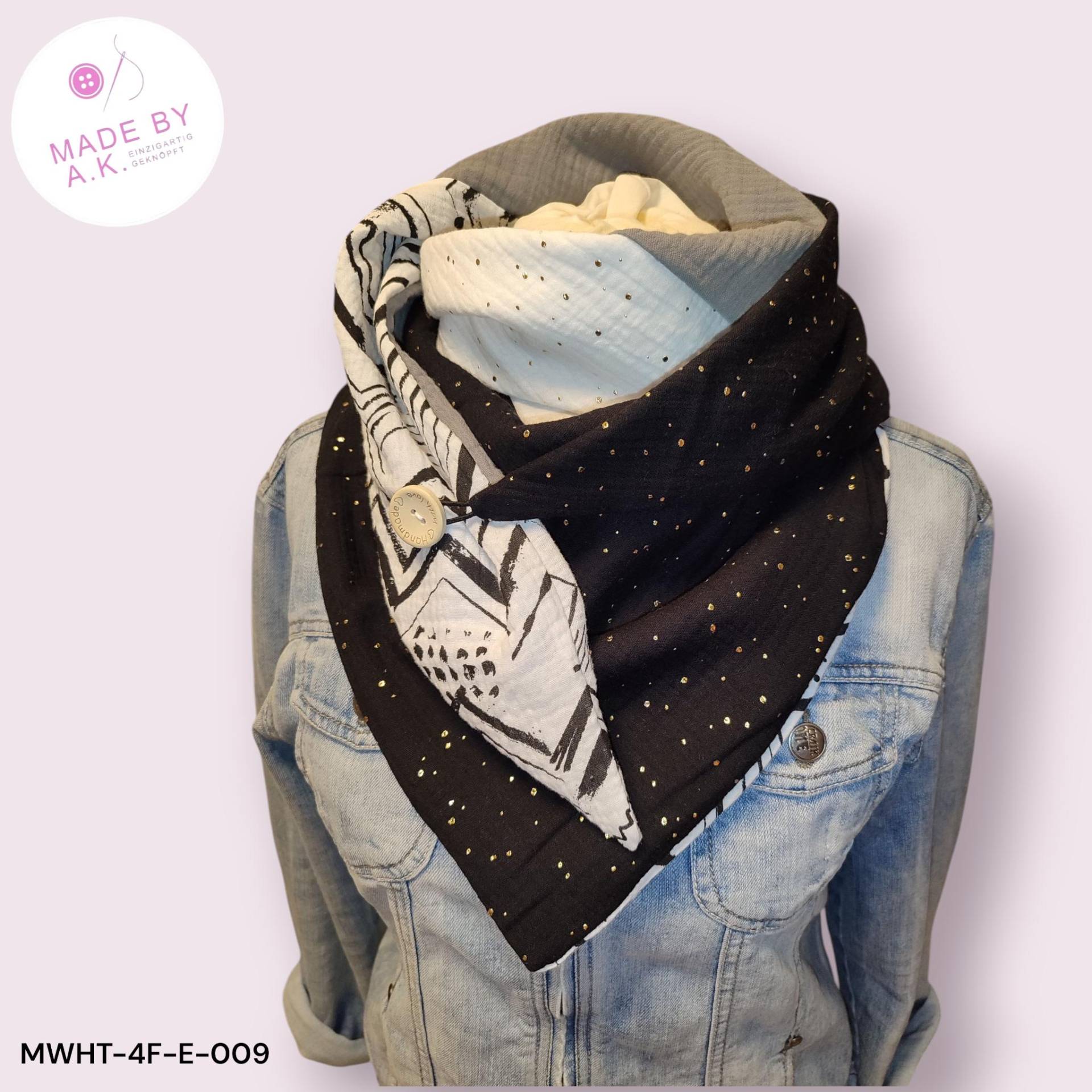 Musselin Halstuch/Schal Wendetuch Unikat Dreieckstuch Geschenk Musselintuch Wickelhalstuch Schwarz Weiß Gold von WolkenlosbyAK