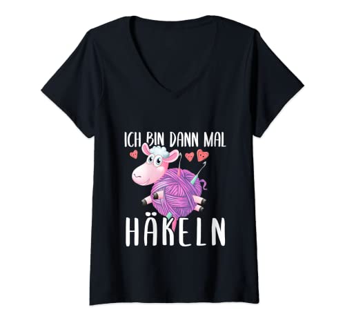 Damen Ich Bin Dann Mal Häkeln Süßes Schaf Stricken Häkeln Nähen T-Shirt mit V-Ausschnitt von Wolle, Nadel, Liebe