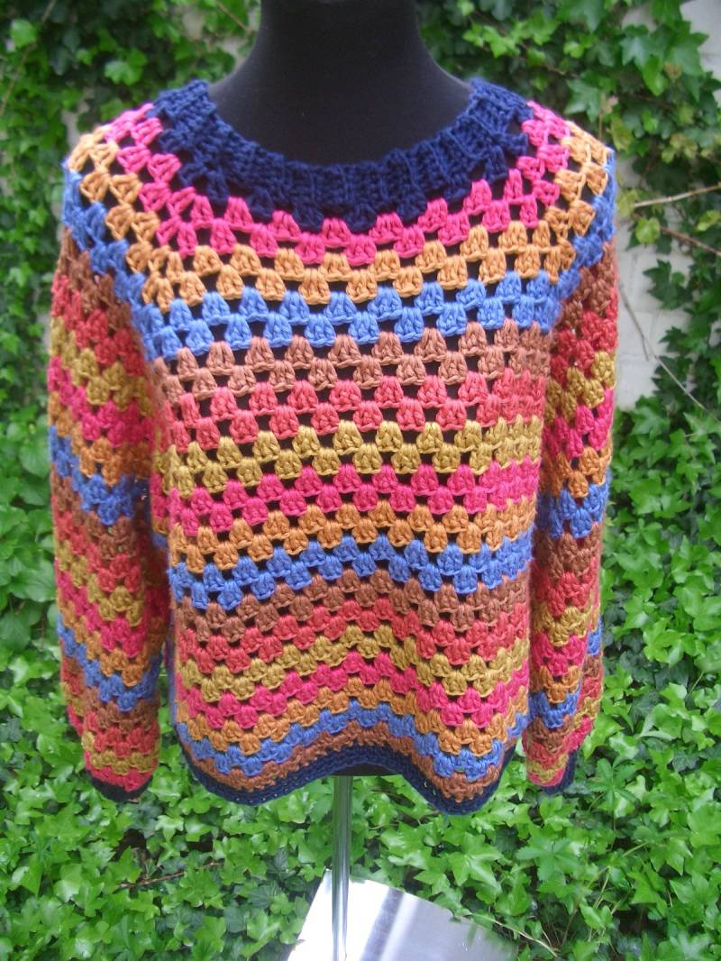 Bunter Häkel Pullover - Baumwolle 40/42 Naturgarn von Wolleladen