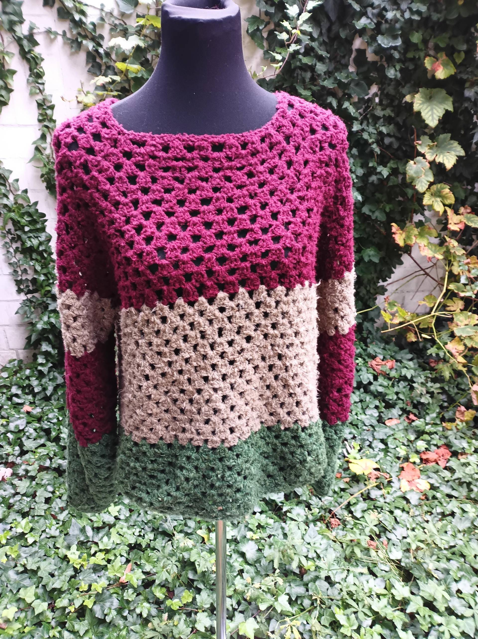 Pullover - Baumwolle Flauschig Gr. 40/42 Oversize Weinrot/Khaki/Grün Handarbeit von Wolleladen