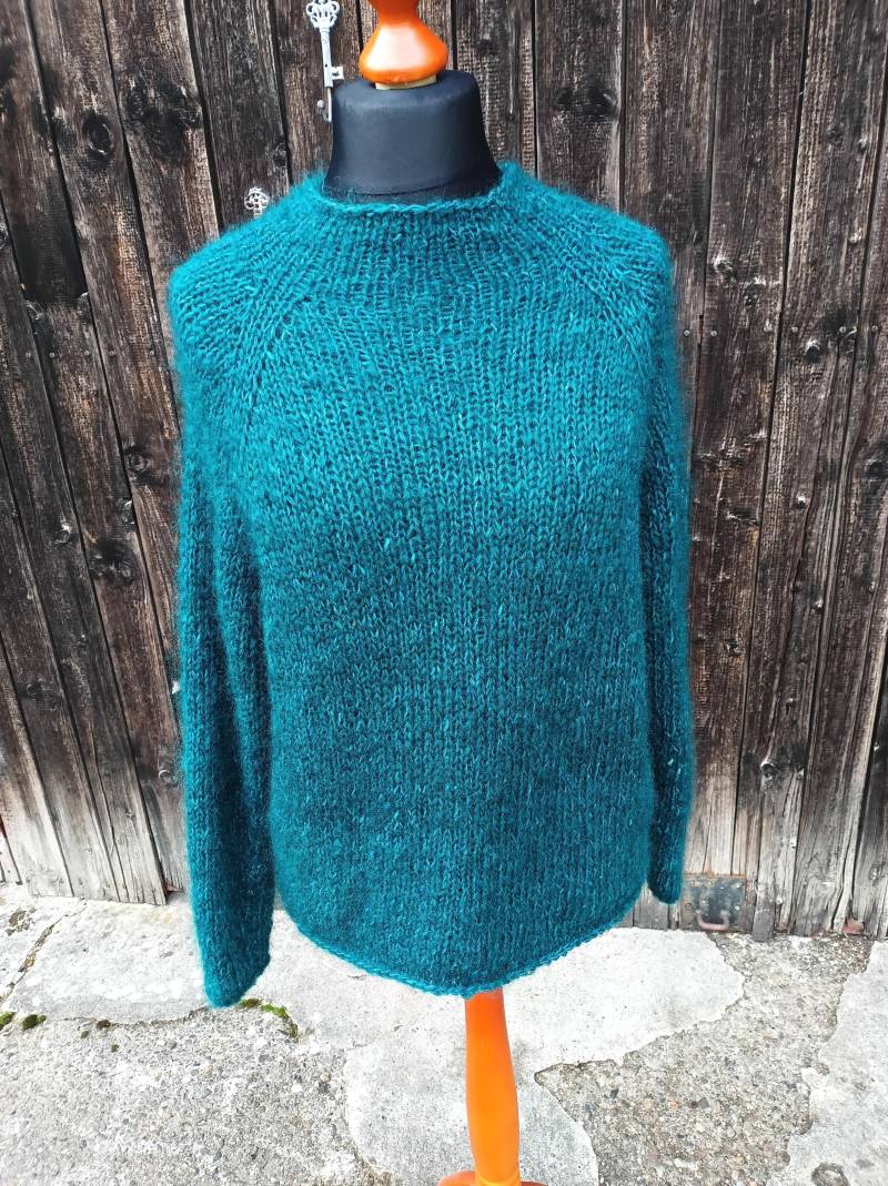 Pullover - Merino /Mohair Flauschig Gr. 40/42 Oversize Petrol Handarbeit von Wolleladen