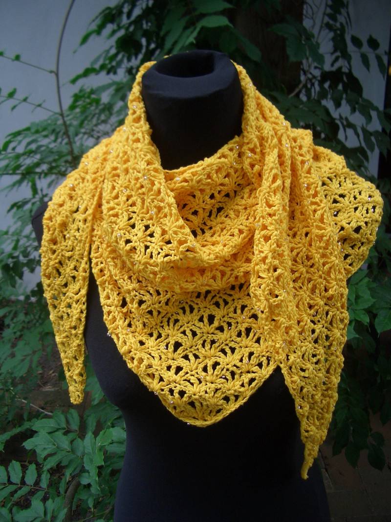 Sonniges Häkeltuch Gelb - Baumwolle + Kristall Handarbeit von Wolleladen