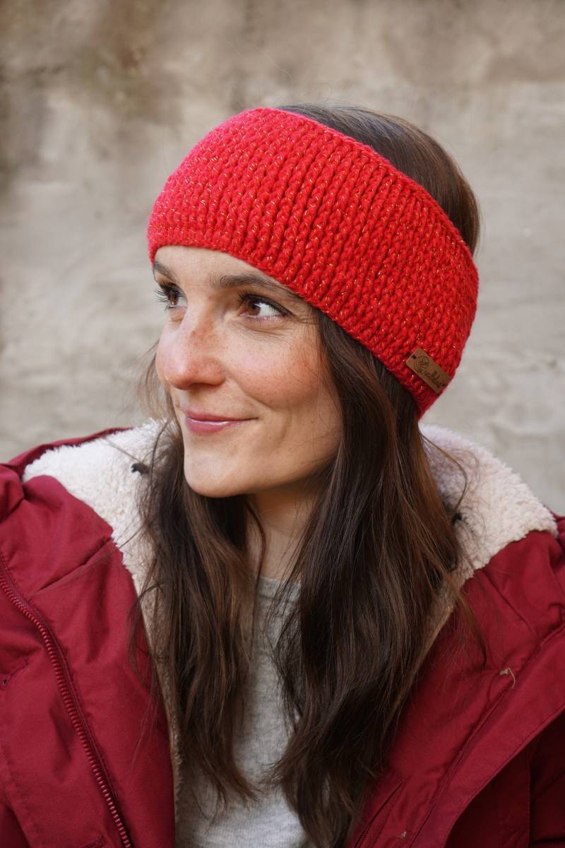 stirnband Gehäkelt Rot Mit Goldlurex, #0032 von Wollelindishop