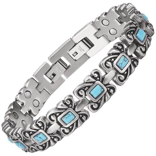 Schmucksachen 7.3 '' Weinlese tibetanische Silberne Blaue Türkisarmbandfrauen-Therapie magnetische Armbänder für Frauen Ladies + Free Link + 2pcs freie Türkissteine von YINOX