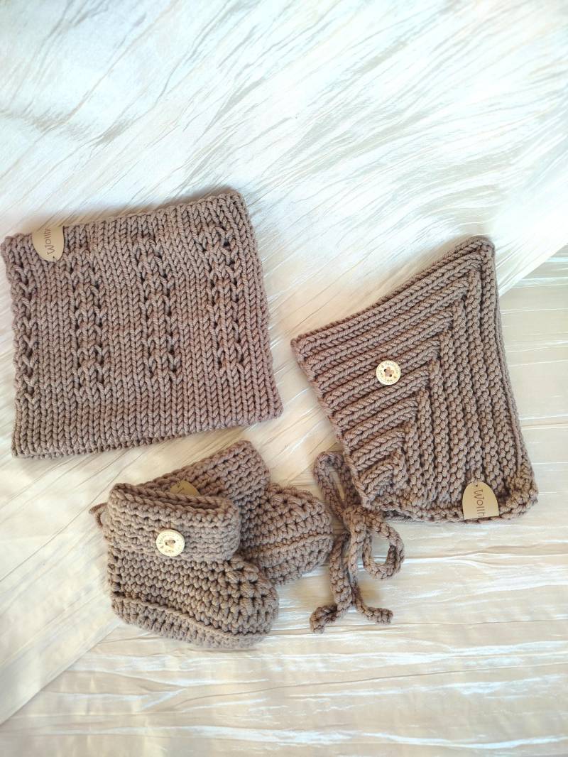 Babyset Beige - Pixiemütze, Loop & Booties, Ku Bis 40 cm von Wollherzchen