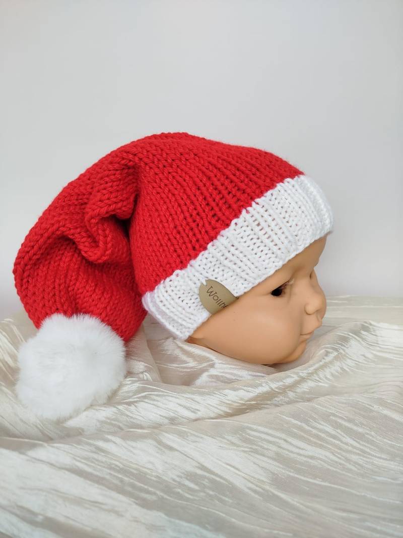 Handgestrickte Nikolausmütze Baby & Kleinkind Merino Rot/Weiß von Wollherzchen