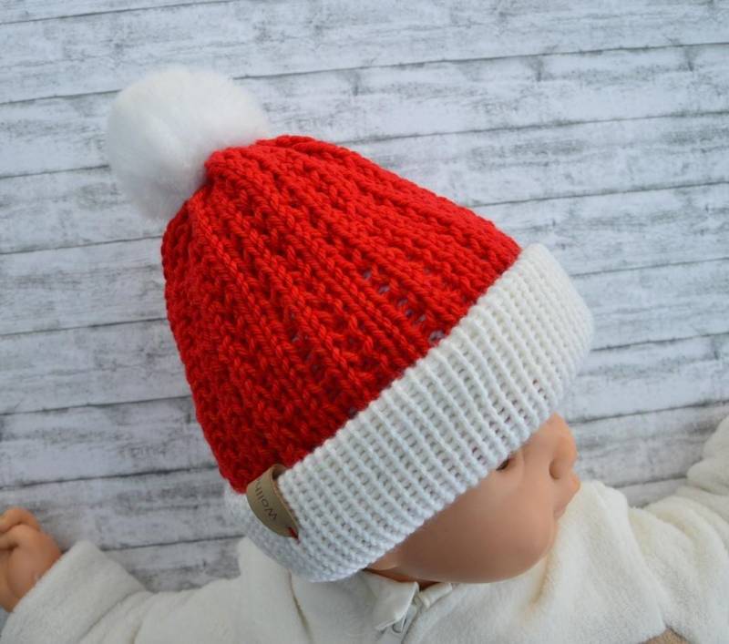 Sofort Lieferbar Gestrickte Babymütze "Weihnachten" Kopfumfang 42-48 cm, Mit Kunstfellbommel von Wollherzchen