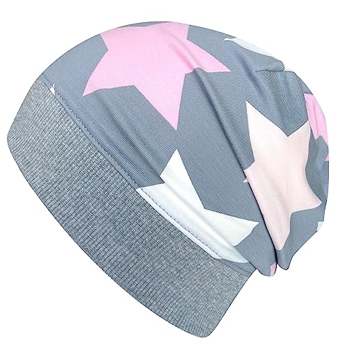 Wollhuhn ÖKO Leichte Beanie-Mütze mit Sternen (aus Öko-Stoffen, Bio) für Mädchen und Jungen, 20150225 (M, Big Stars Grau/Rosa) von Wollhuhn